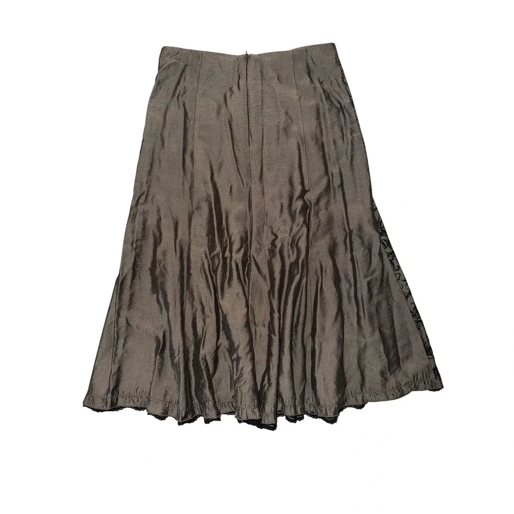 Calico Floral Embroidered Lace Trim Midi Skirt Olive Black Gothic Boho  12 A10
